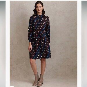 Maggy London Polka Dot Long Balloon Sleeve Dress With Cutout Back and Tie Waist